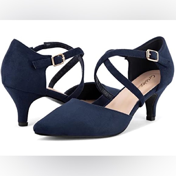GREATONU WOMENS LADIES POINTED TOE COURT SHOES CROSS STRAP KITTEN MID LOW HEEL - Picture 1 of 5